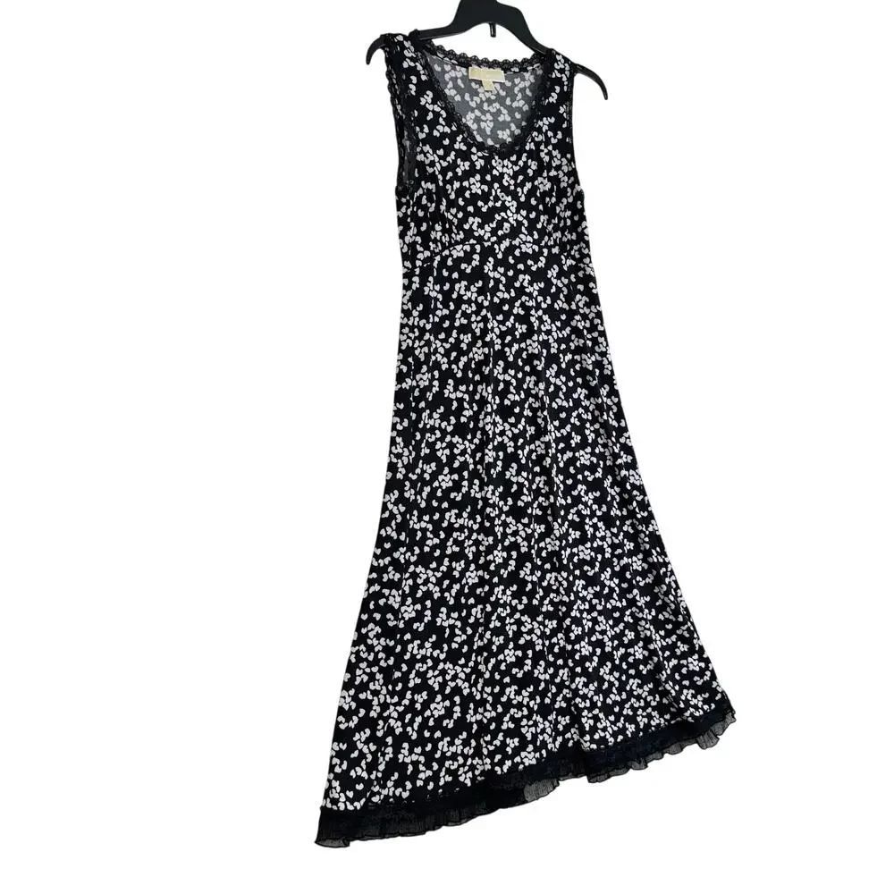 Michael Kors MK Black Lace Trim Sleeveless Dress White Heart Pattern Size Small